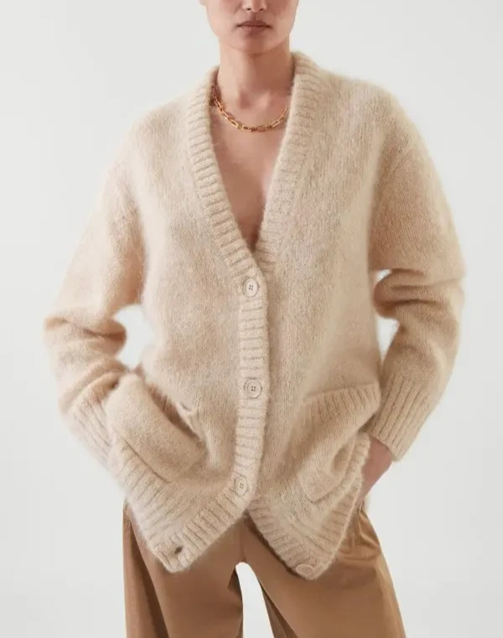 COS Mohair Cardigan Medium wool mohair Wrap Chunky button down Beige A010837